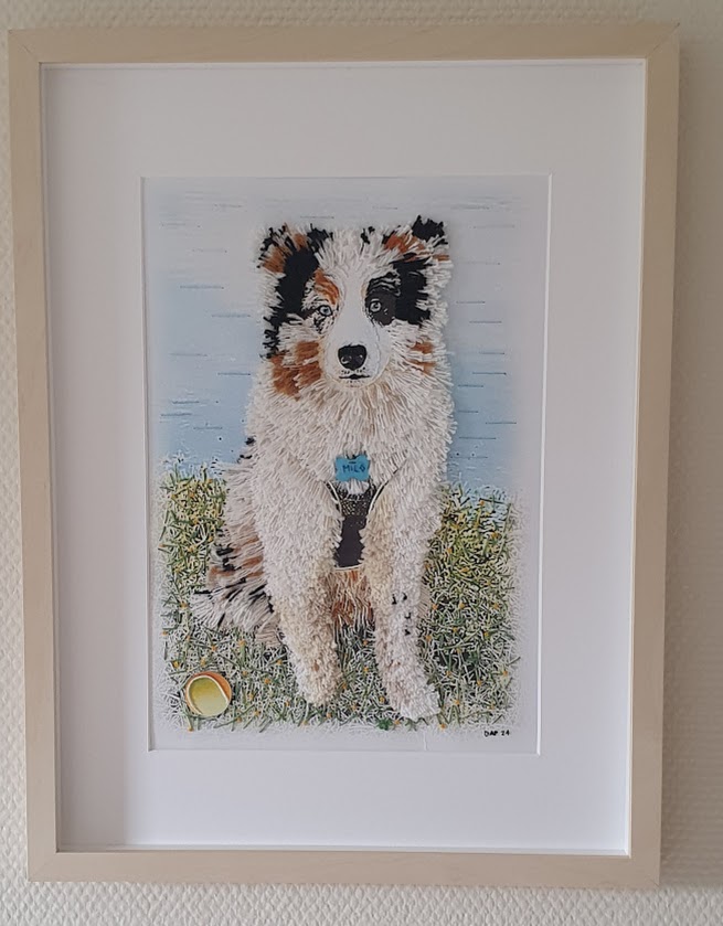 Australian Shepherd broderet på papir.